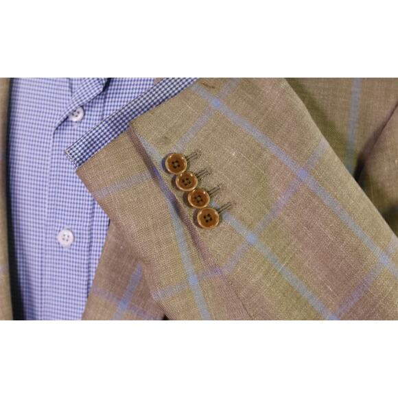 Faconnable by R. Caruso Lt Brown w/ Sky Blue Windowpane Wool-Silk Sportcoat 48L - Picture 6 of 12
